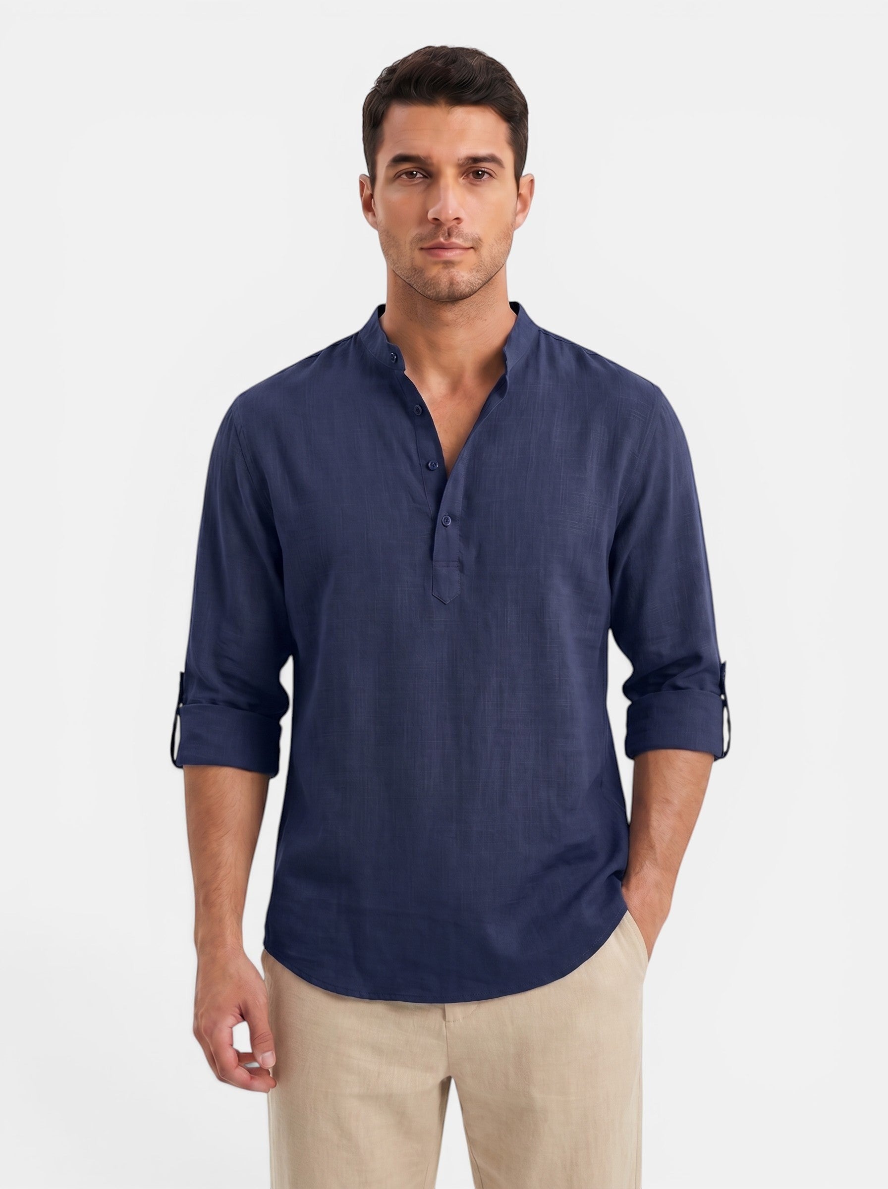 Venatte men's dark blue cotton linen long-sleeve Henley shirt with buttoned placket and rolled cuffs.