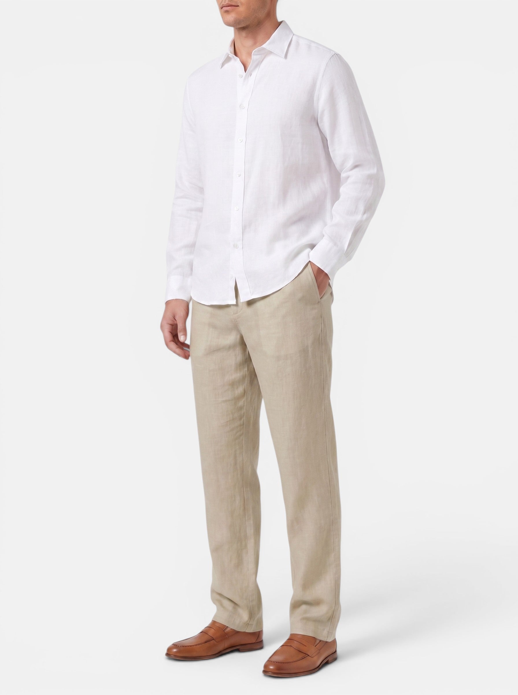 Venatte men's relaxed fit beige cotton linen pants with elasticated waist and back pocket.