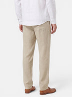 Venatte men's relaxed fit beige cotton linen pants with a back pocket and elasticated waist.