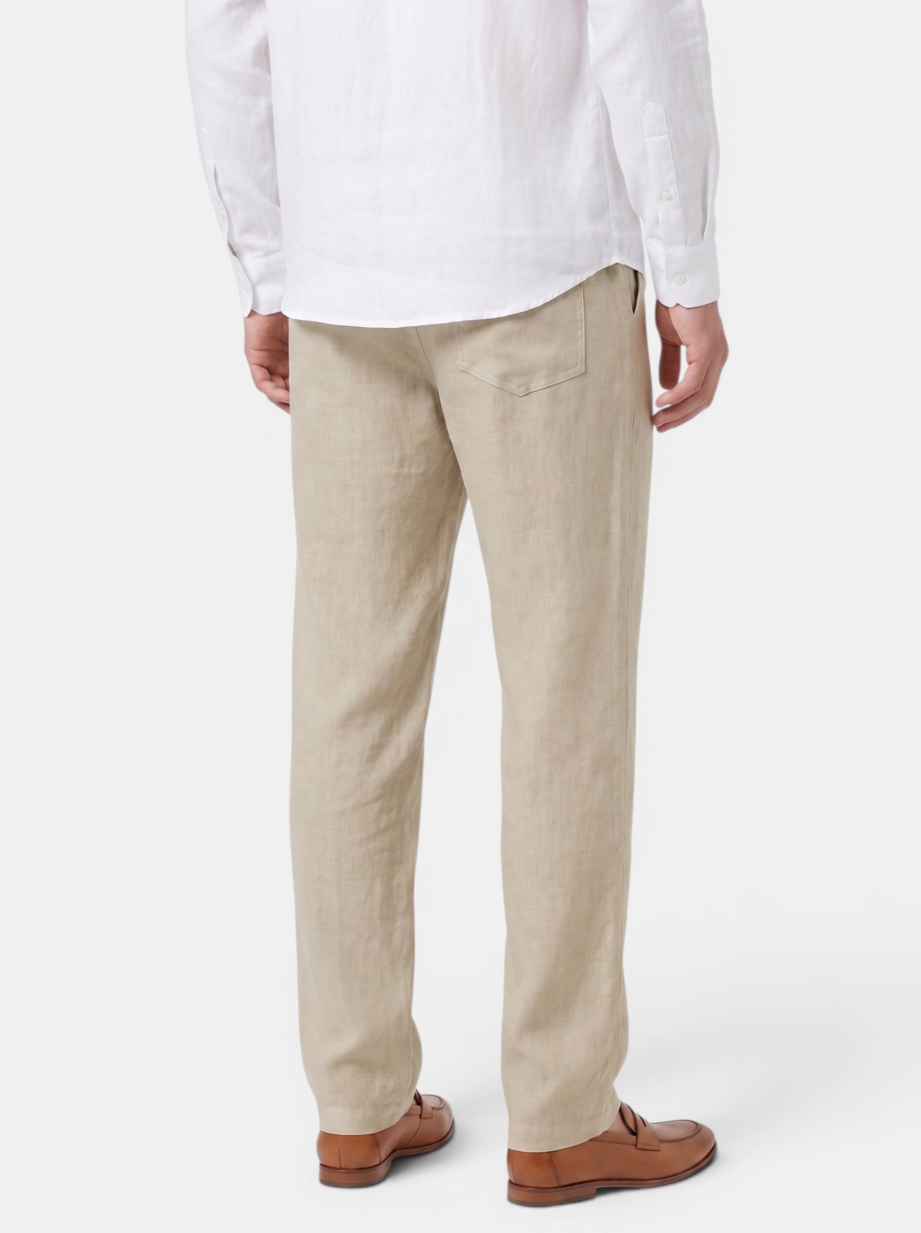Venatte men's relaxed fit beige cotton linen pants with a back pocket and elasticated waist.