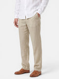 Venatte men's relaxed fit beige cotton linen pants with elasticated waist and back pocket.