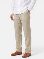 Venatte men's relaxed fit beige cotton linen pants with elasticated waist and back pocket.