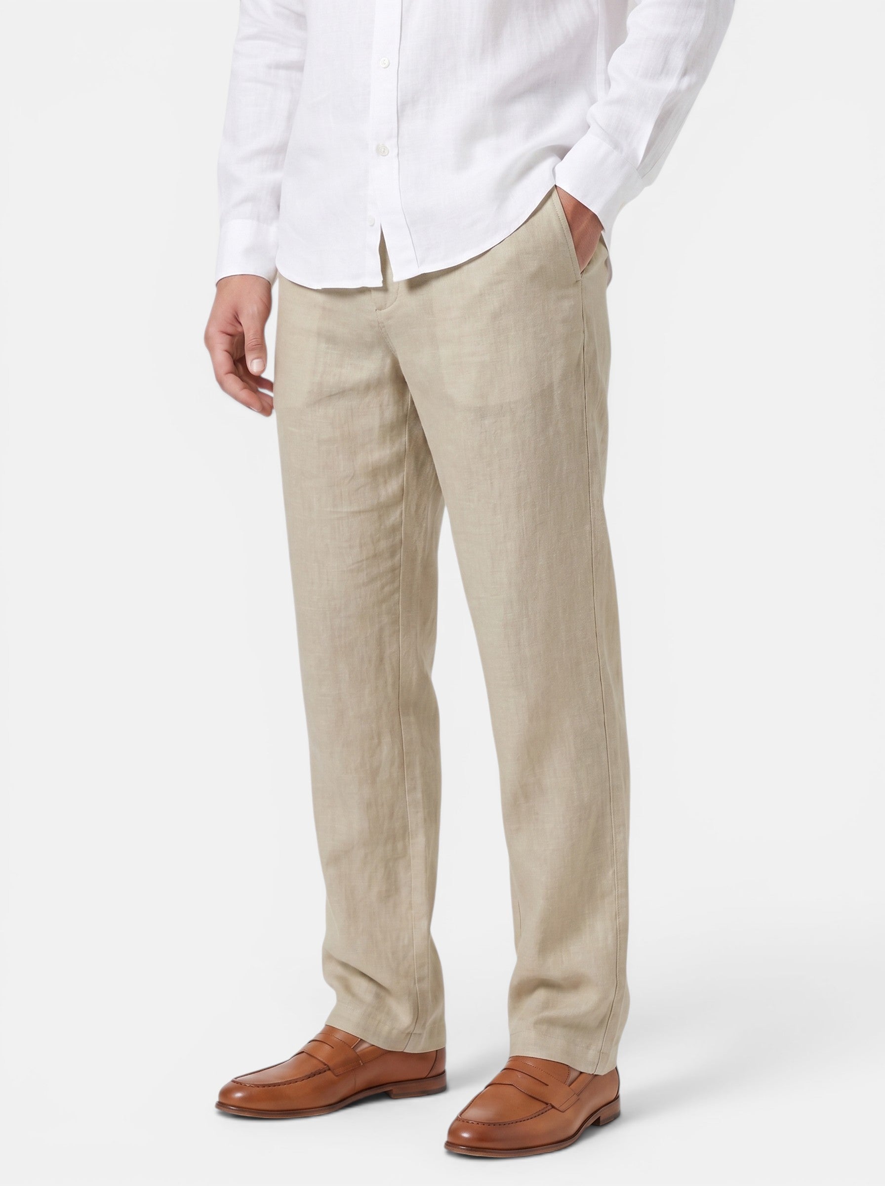 Venatte men's relaxed fit beige cotton linen pants with elasticated waist and back pocket.