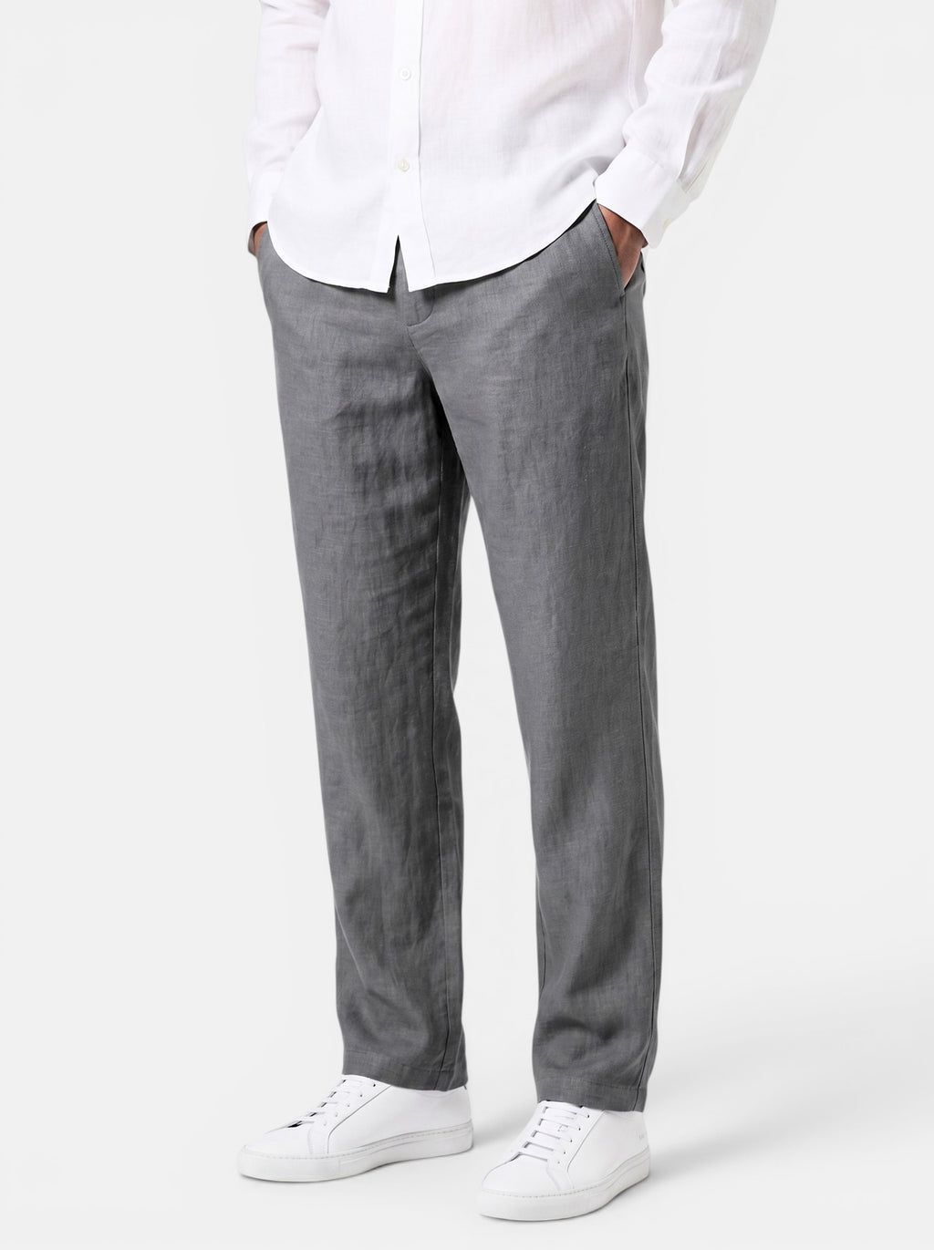 Venatte men's relaxed fit grey cotton linen pants with elasticated waist and back pocket.