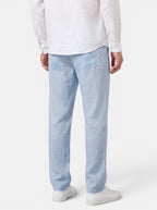 Venatte men's light blue cotton linen relaxed fit wide-leg casual pants with elasticated waist and back pocket.