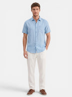 Venatte men's light blue short-sleeve cotton linen blend casual beach shirt with turn-down collar.