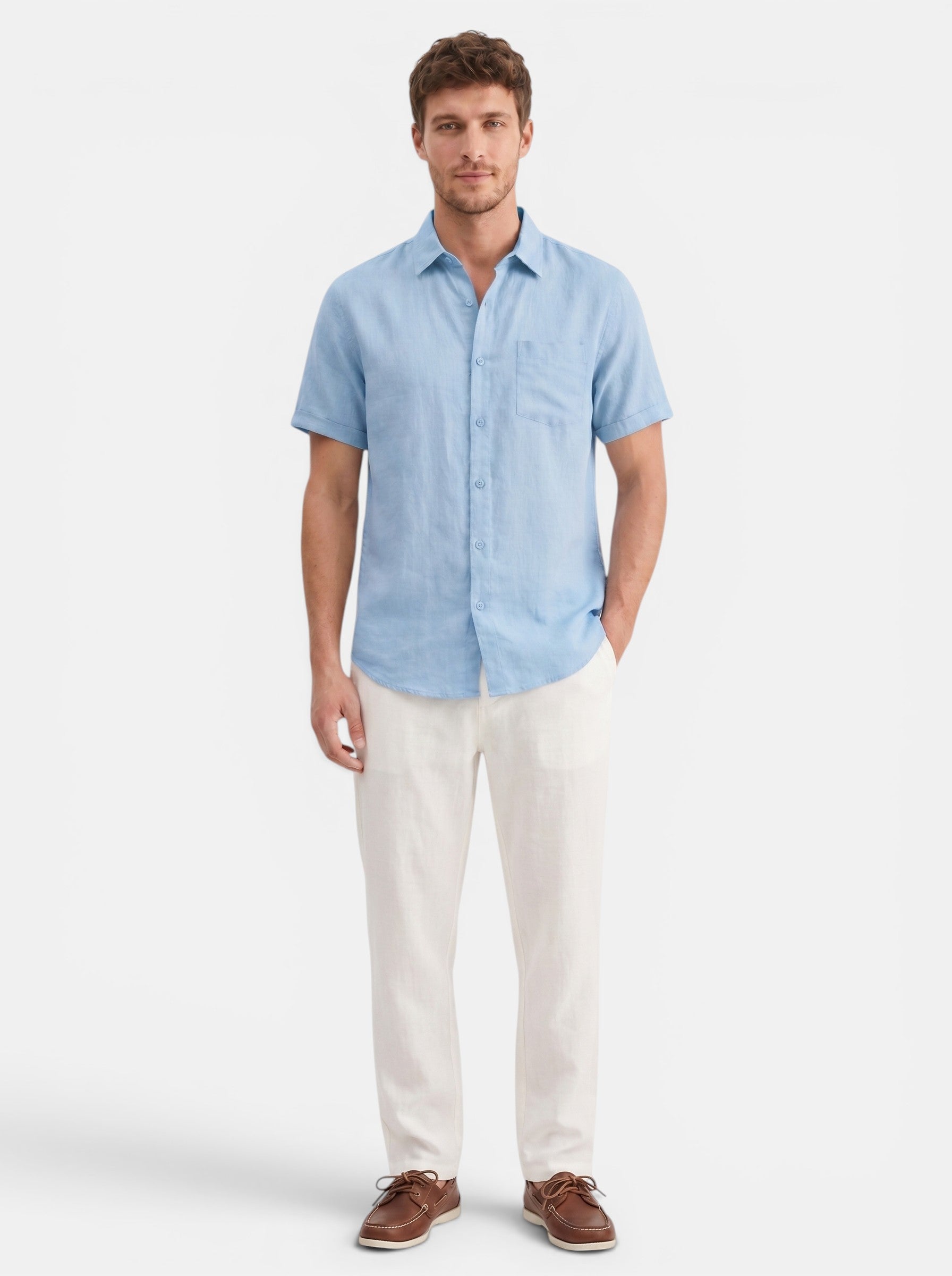 Venatte men's light blue short-sleeve cotton linen blend casual beach shirt with turn-down collar.