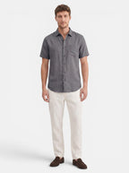 Venatte men's short-sleeve grey cotton linen blend casual beach shirt with turn-down collar.