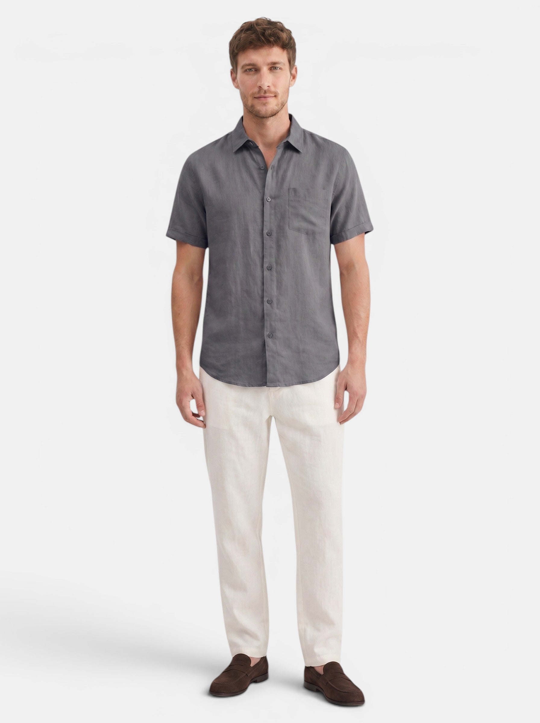 Venatte men's short-sleeve grey cotton linen blend casual beach shirt with turn-down collar.