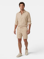 Venatte men's relaxed fit beige linen and cotton blend shorts with drawstring elastic waistband.