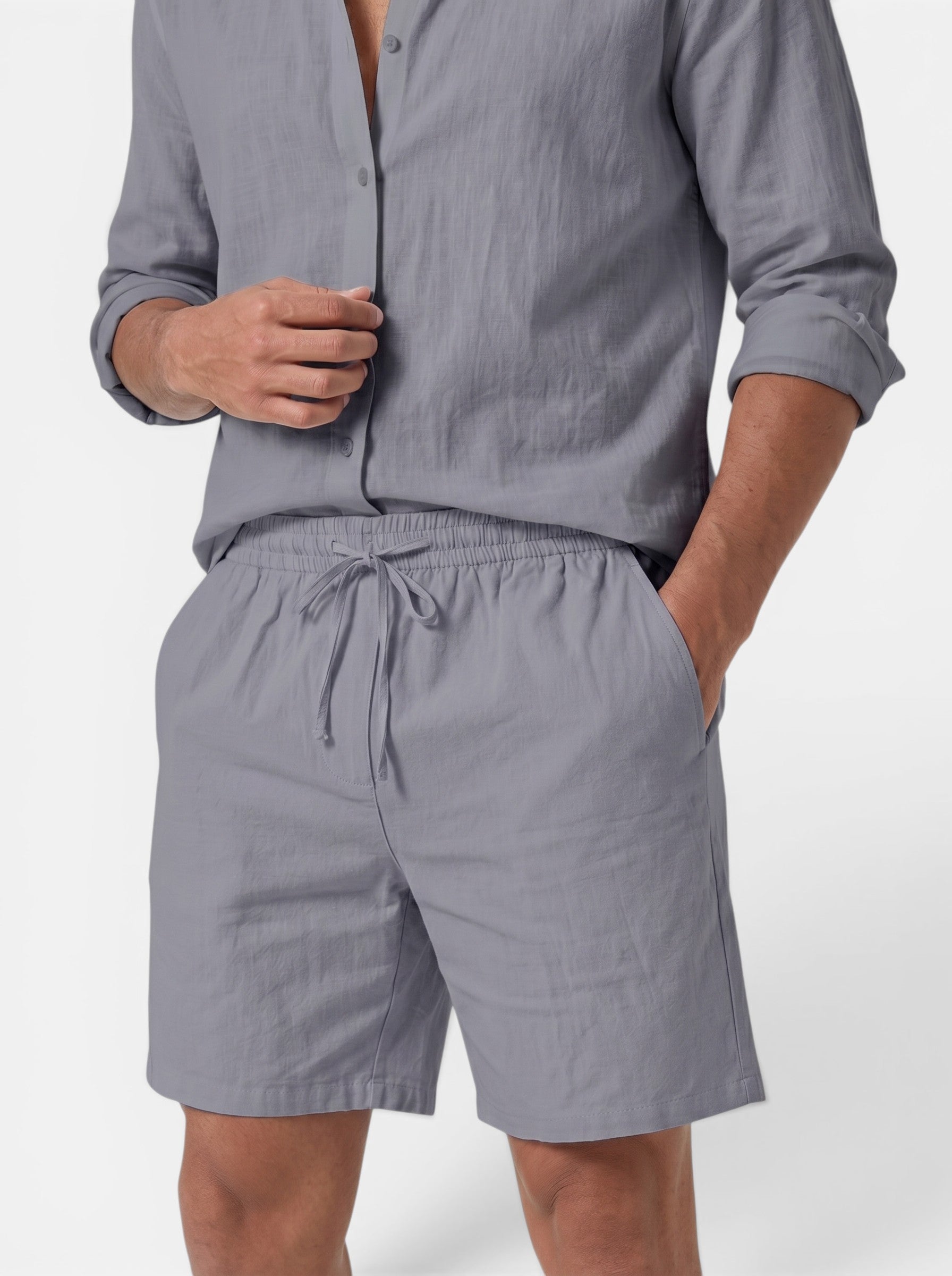 Venatte men's relaxed fit grey linen shorts with elastic waistband and drawstring. Casual breathable summer wear.