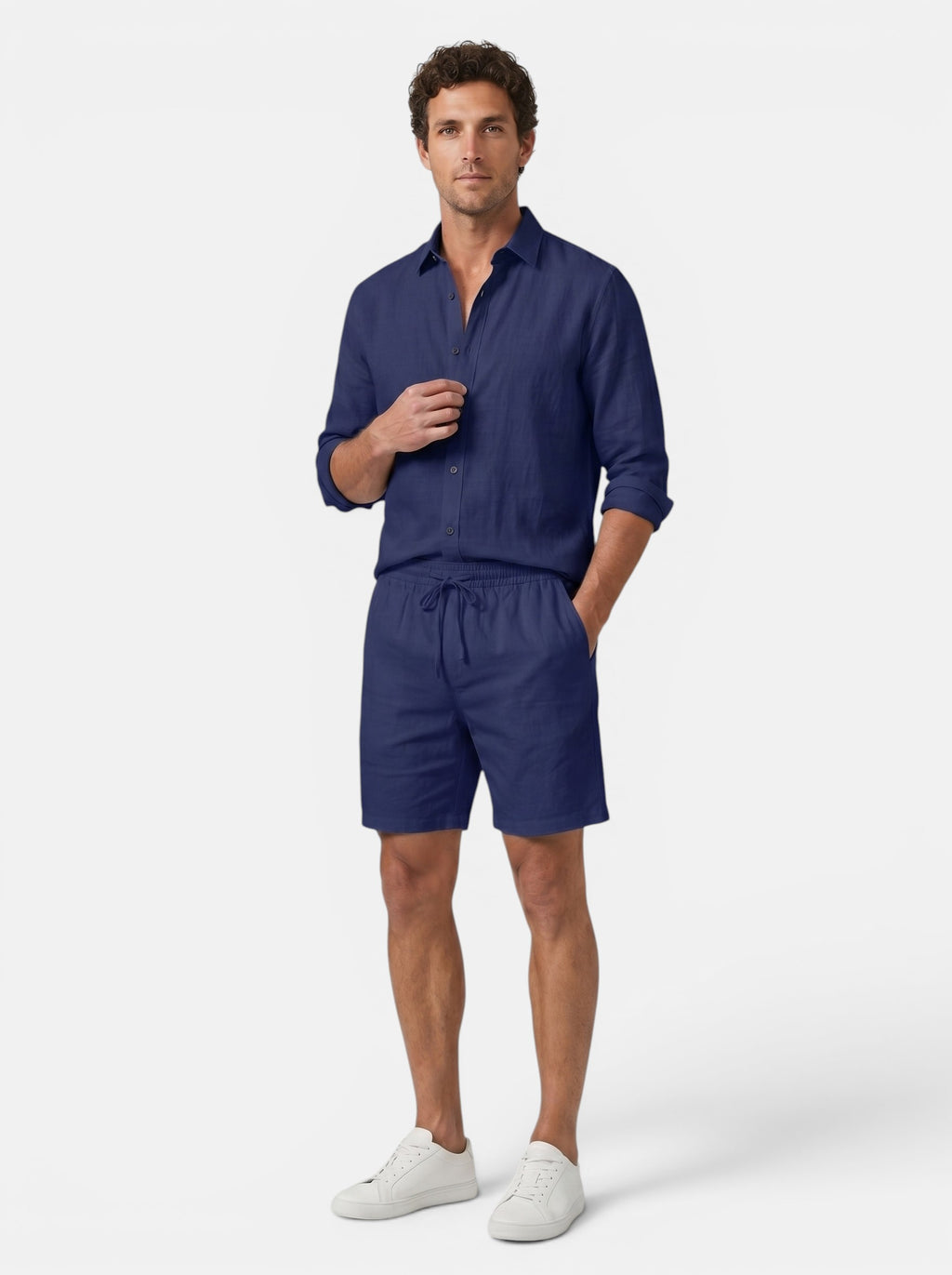 Venatte men's navy blue linen blend relaxed fit casual shorts with elastic waistband and drawstring.