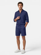 Venatte men's navy blue linen blend relaxed fit casual shorts with elastic waistband and drawstring.