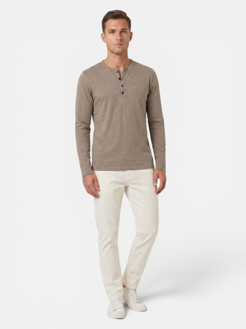 Venatte men's taupe long-sleeve cotton blend Henley shirt with button placket and relaxed fit.