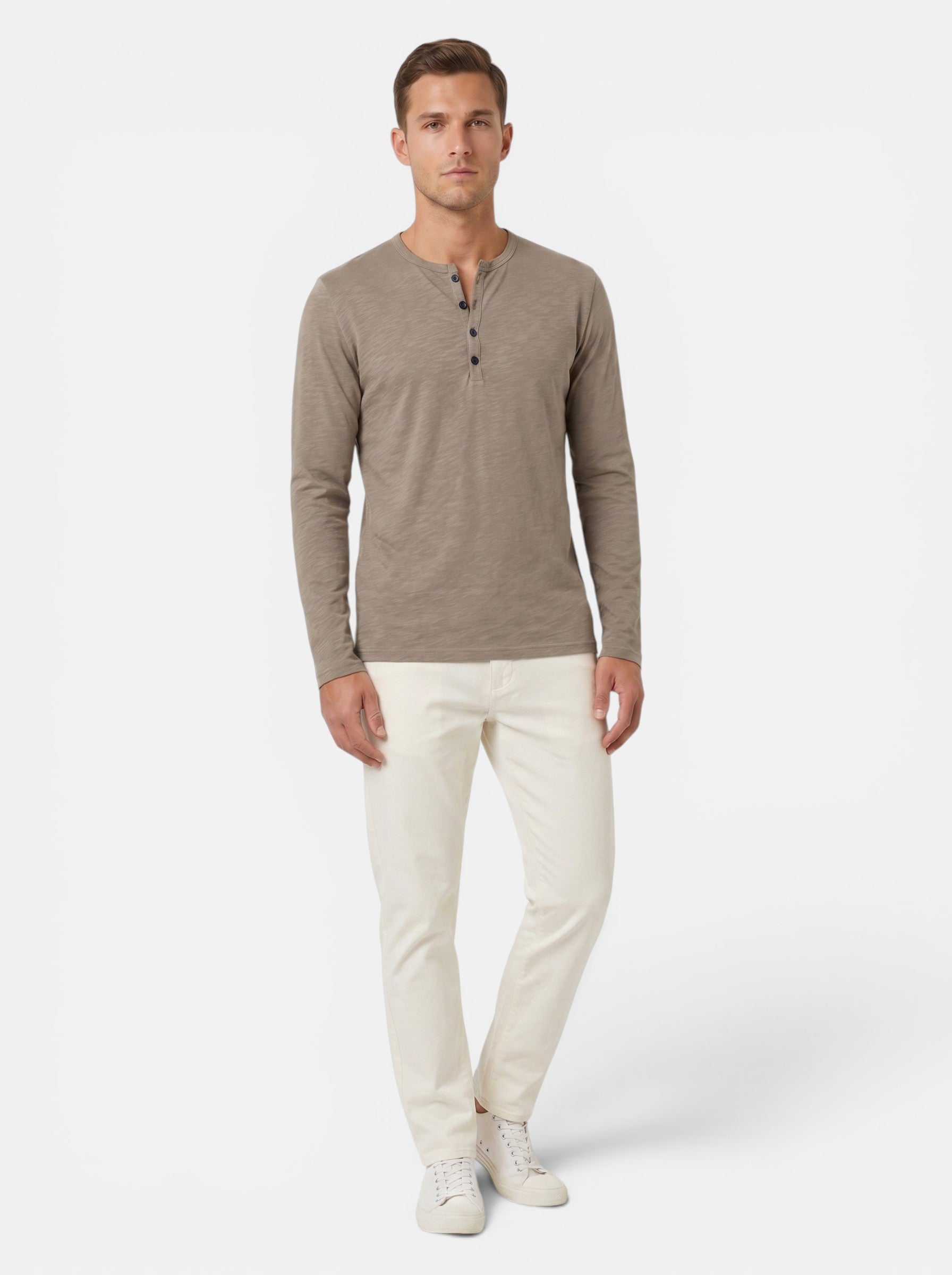 Venatte men's taupe long-sleeve cotton blend Henley shirt with button placket and relaxed fit.