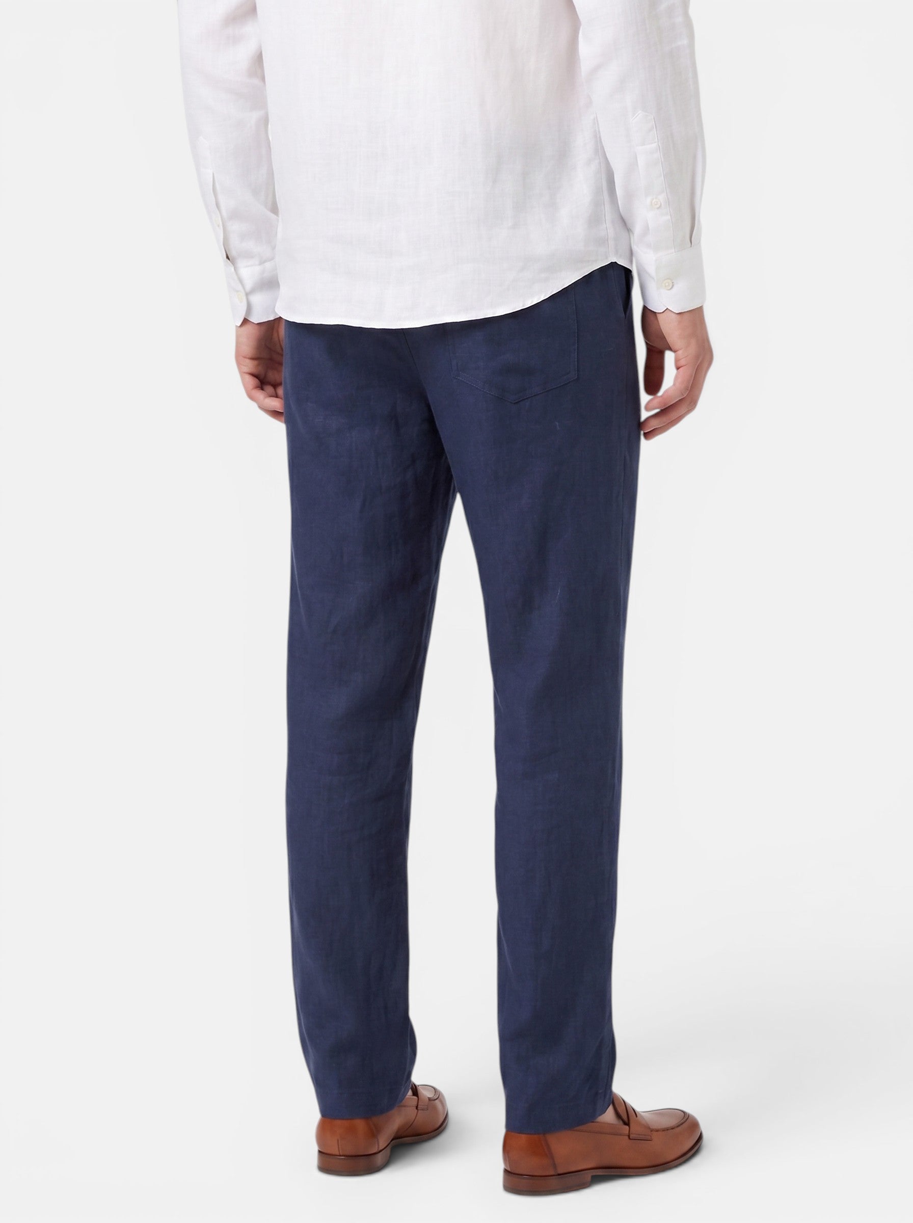 Venatte men's navy blue cotton linen relaxed fit wide-leg casual pants with back pocket detail.