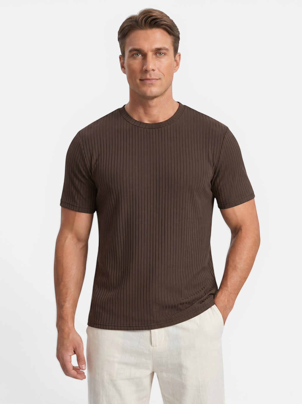 Venatte men's slim-fit short-sleeve crew neck t-shirt in dark brown ribbed polyester knit.