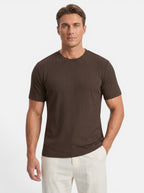 Venatte men's slim-fit short-sleeve crew neck t-shirt in dark brown ribbed polyester knit.