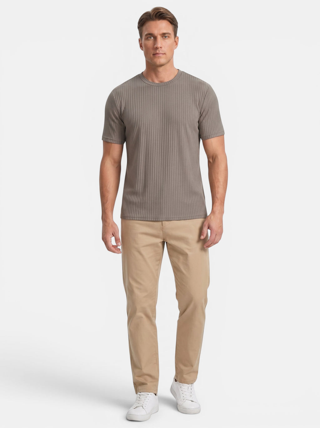 Venatte men's slim-fit short-sleeve crew neck t-shirt in taupe ribbed knit polyester.