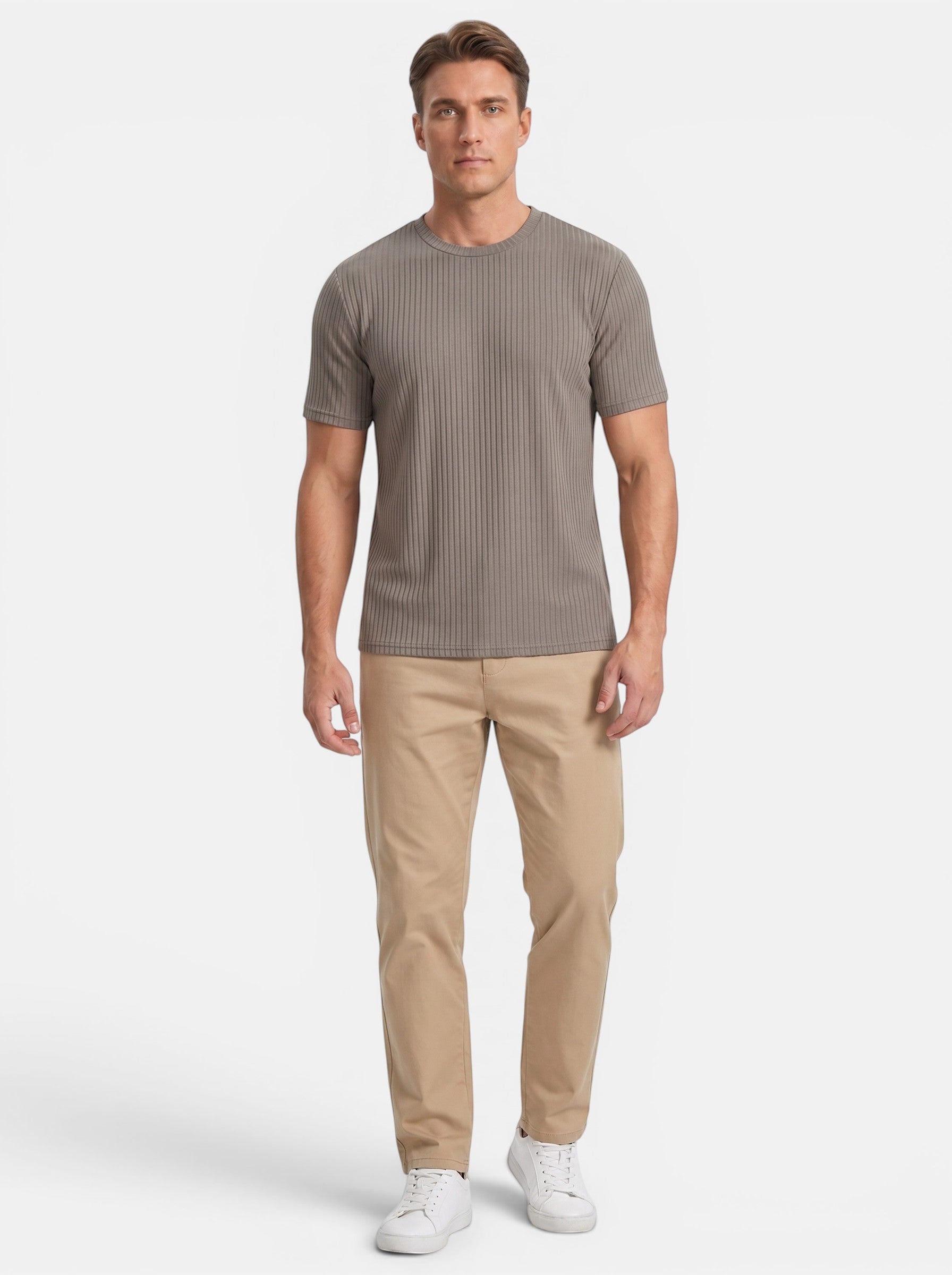 Venatte men's slim-fit short-sleeve crew neck t-shirt in taupe ribbed knit polyester.