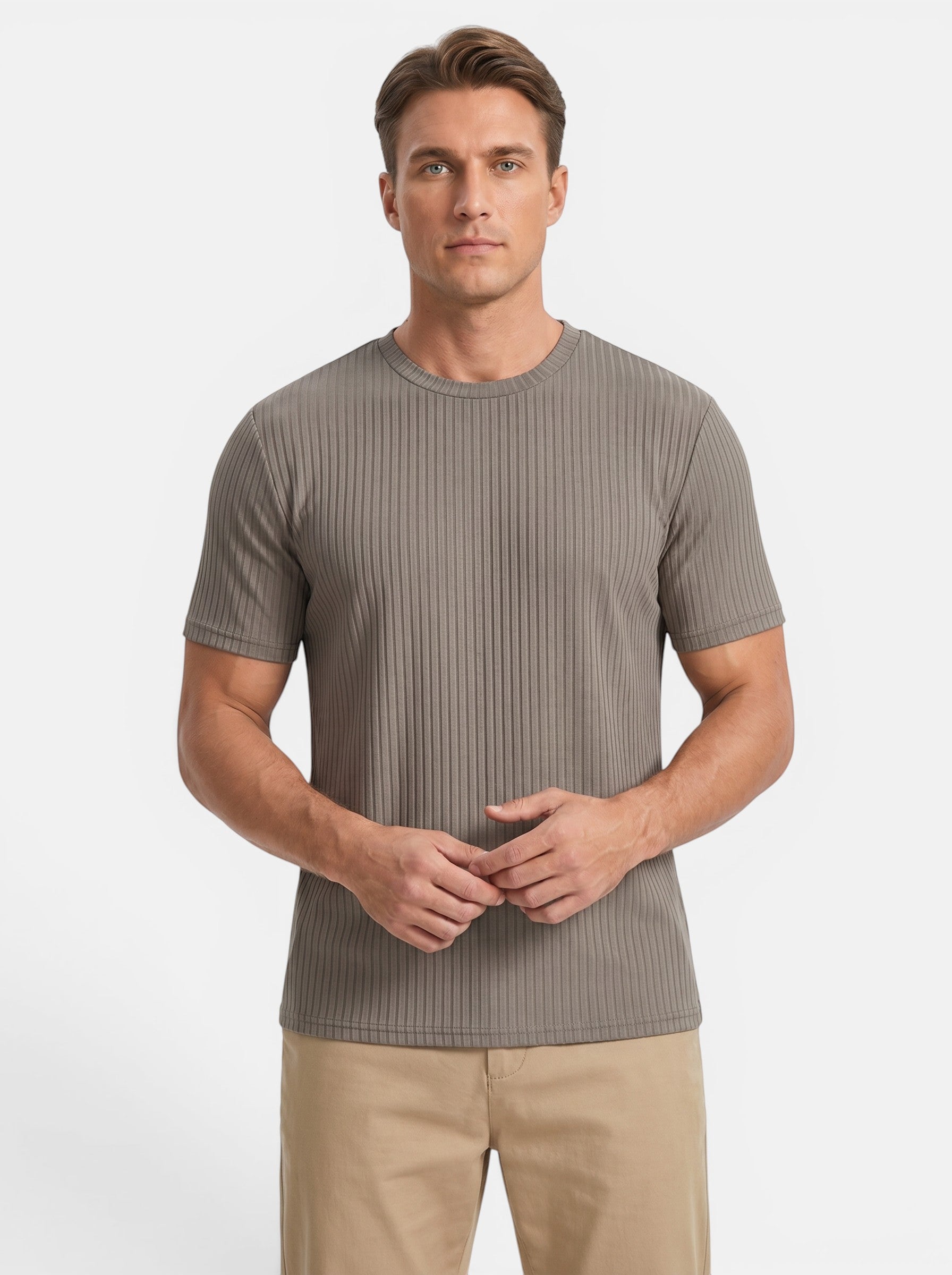Venatte men's slim-fit short-sleeve crew neck t-shirt in taupe ribbed polyester knit