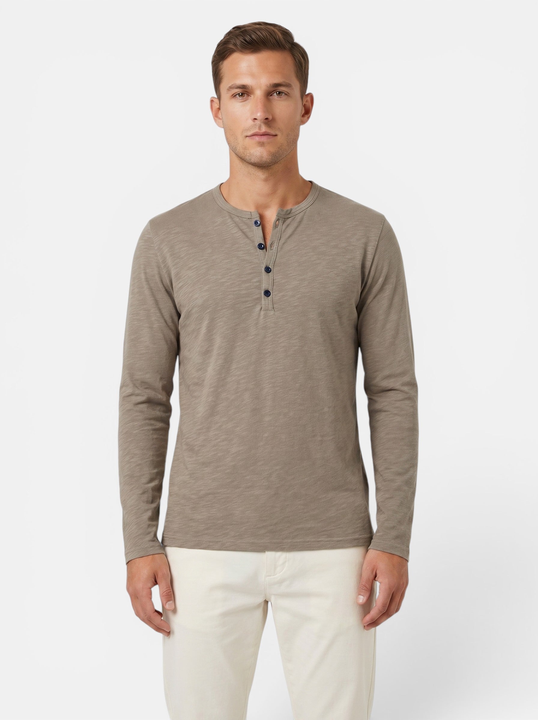Venatte men's taupe long-sleeve cotton blend Henley shirt with a three-button placket.