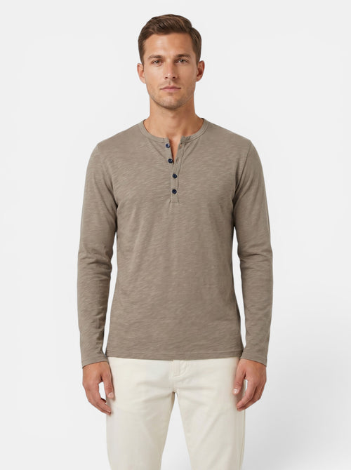 Venatte men's taupe long-sleeve cotton blend Henley shirt with a three-button placket.