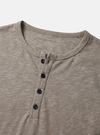 Venatte men's taupe cotton blend long-sleeve Henley shirt with button placket.