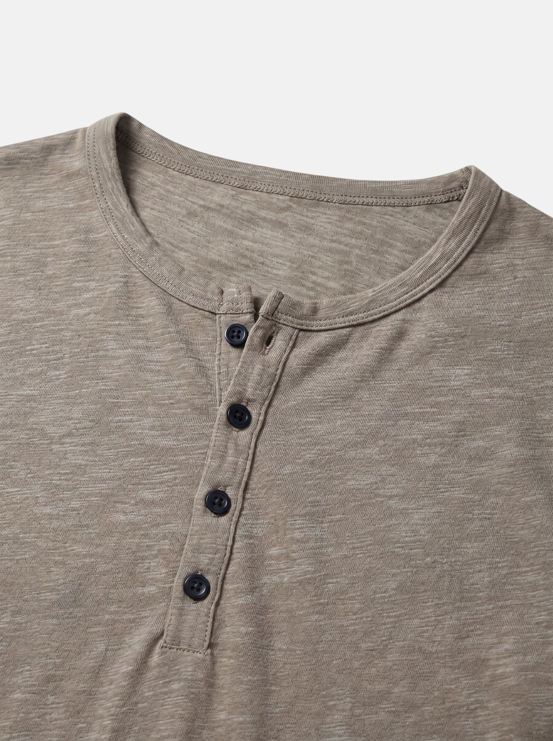 Venatte men's taupe cotton blend long-sleeve Henley shirt with button placket.
