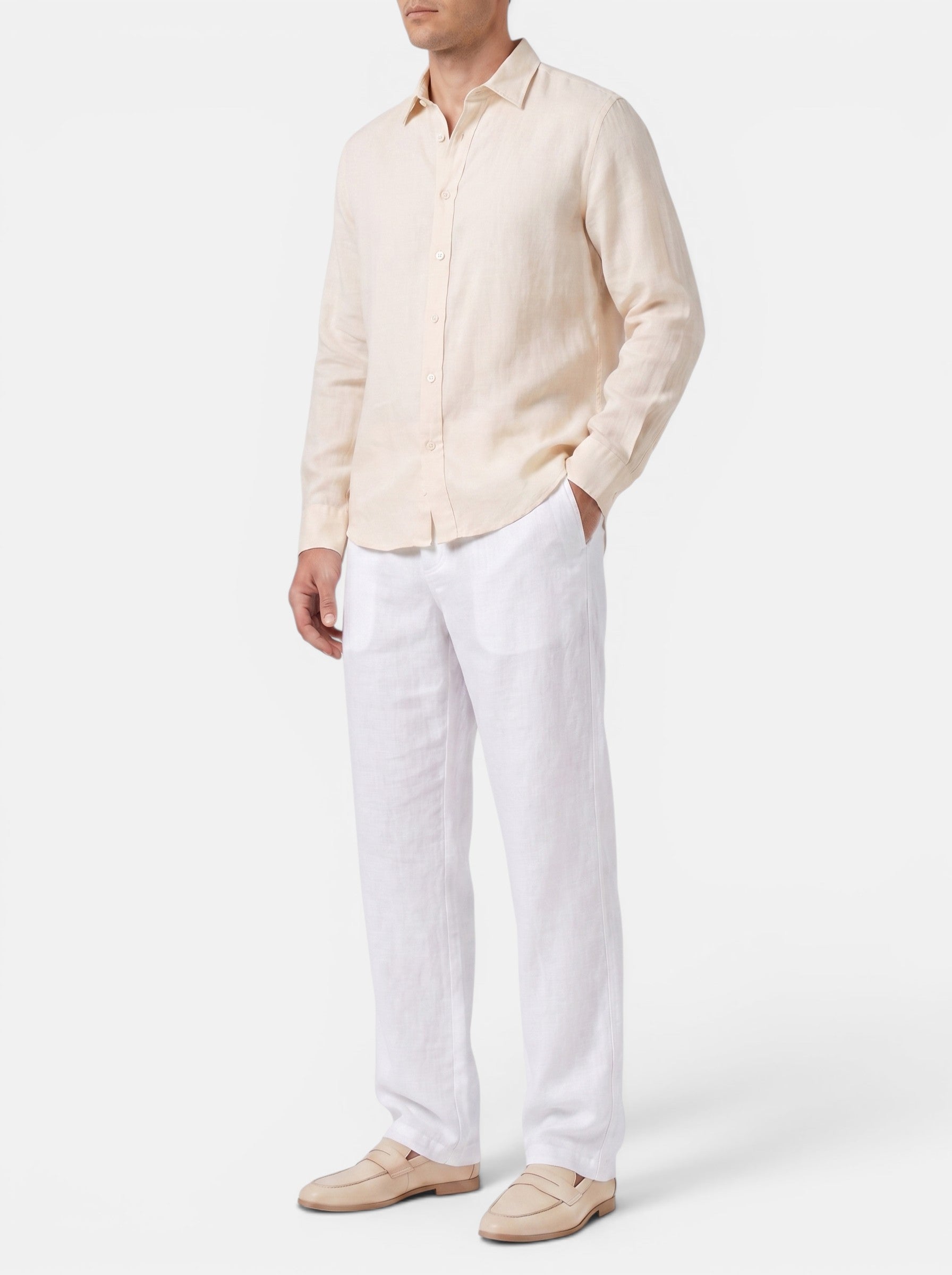 Venatte men's white cotton linen relaxed fit casual pants with elasticated waist and back pocket.