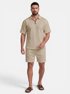 Venatte men's beige quilted polyester short-sleeve polo shirt and shorts set with quarter-zip closure.