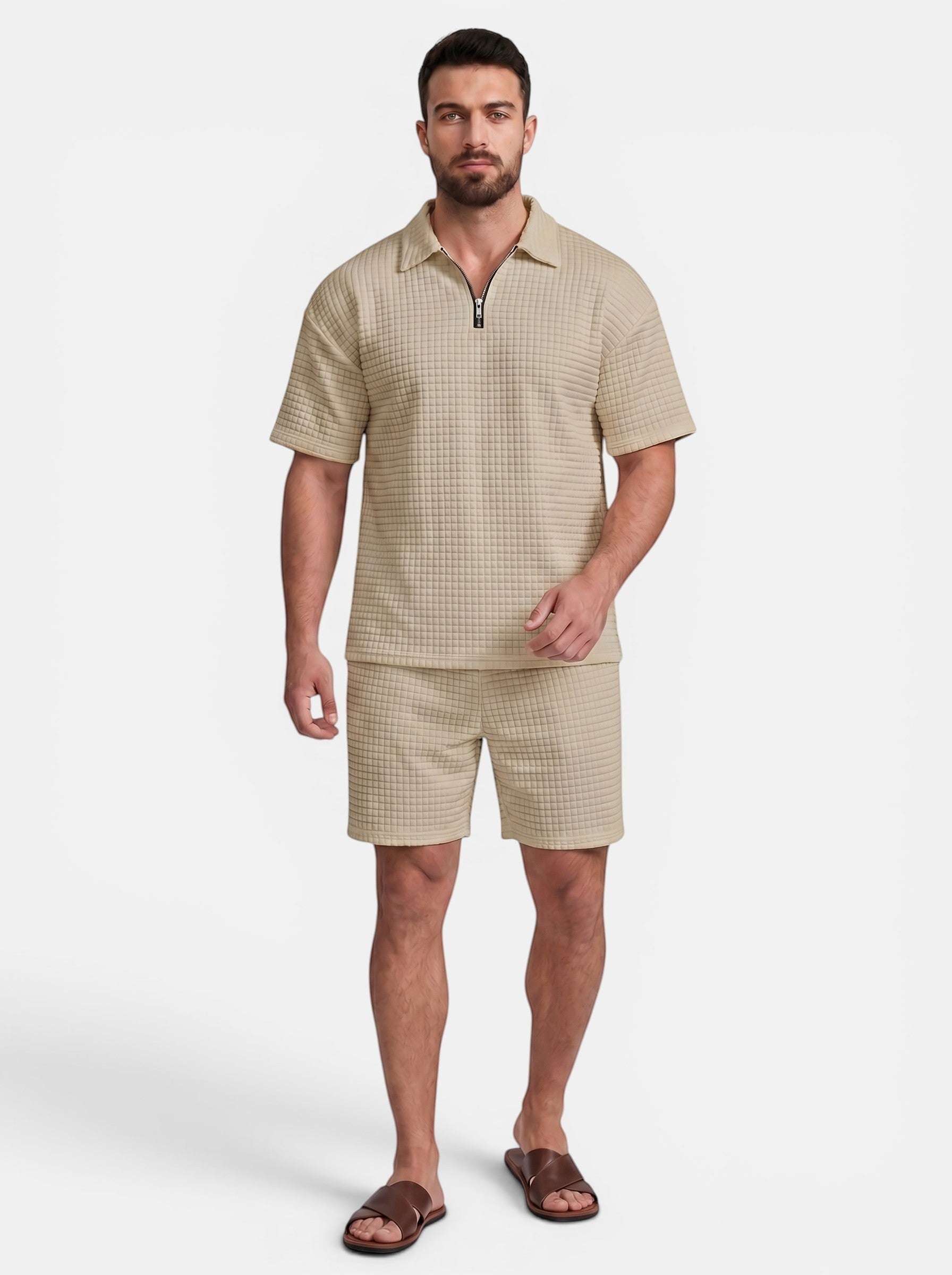 Venatte men's beige quilted polyester short-sleeve polo shirt and shorts set with quarter-zip closure.