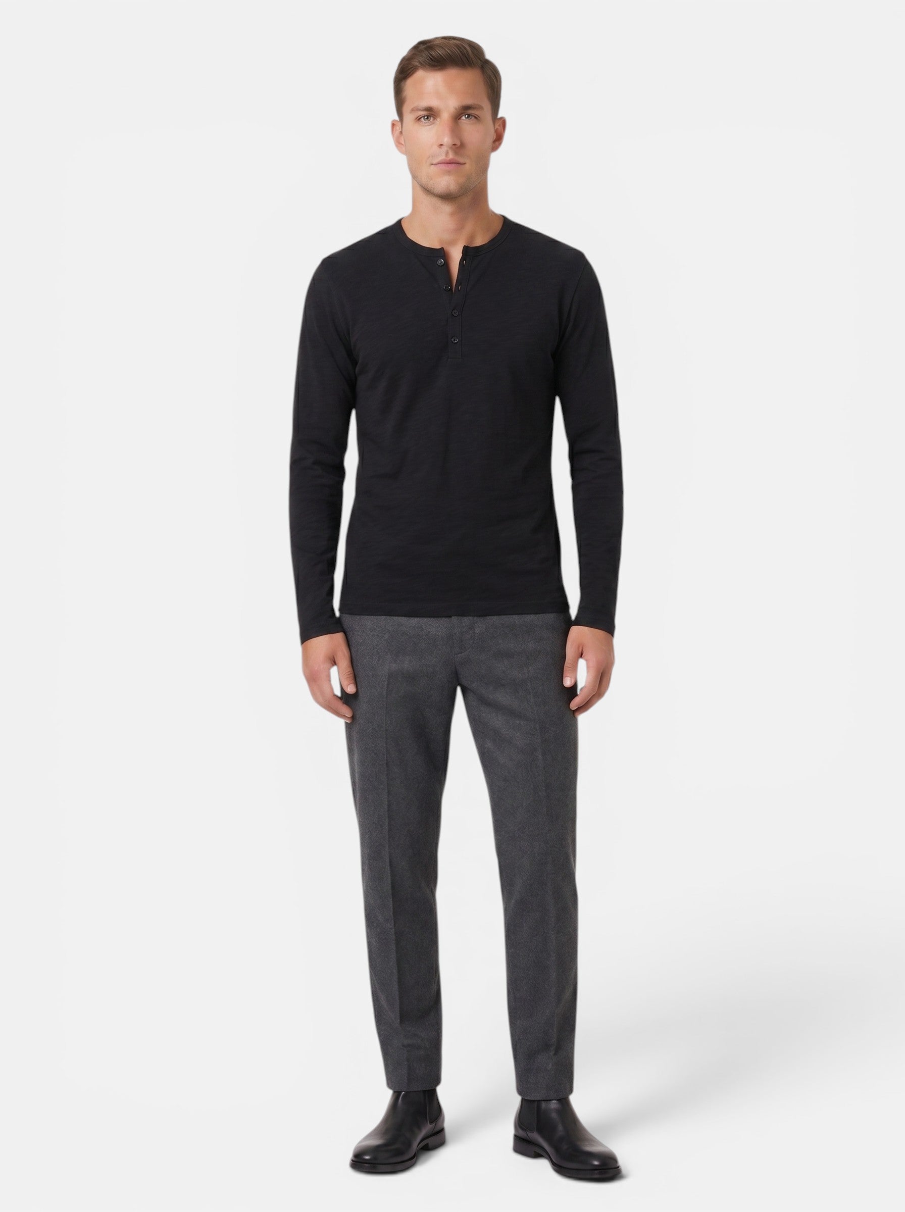 Venatte men's black long-sleeve cotton blend Henley shirt with button placket and relaxed fit.