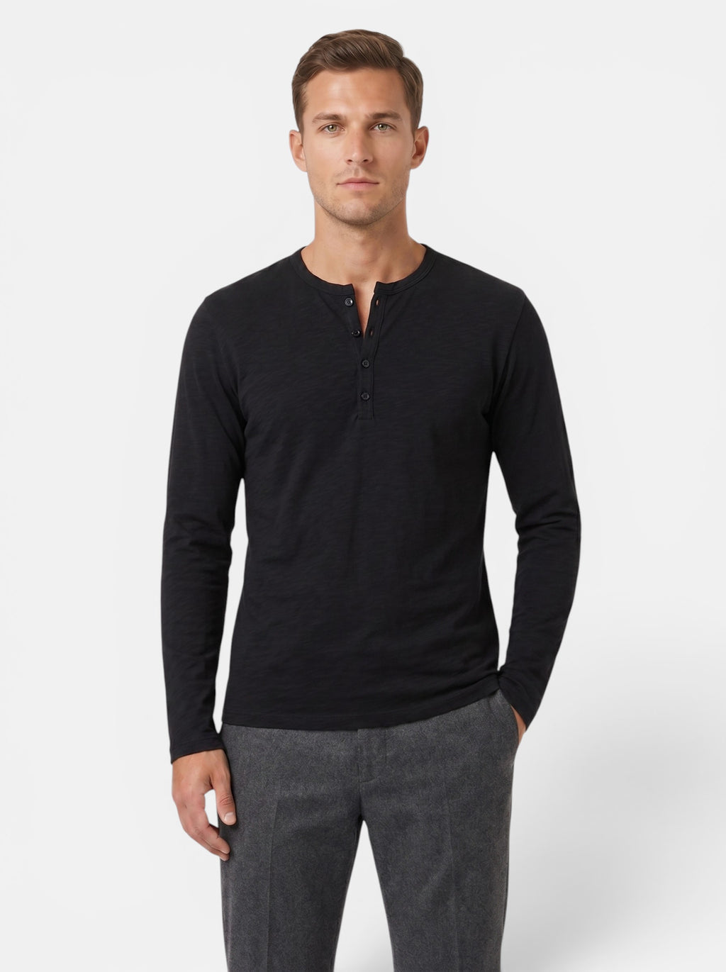 Venatte men's black long-sleeve cotton blend Henley shirt with button placket and relaxed fit.