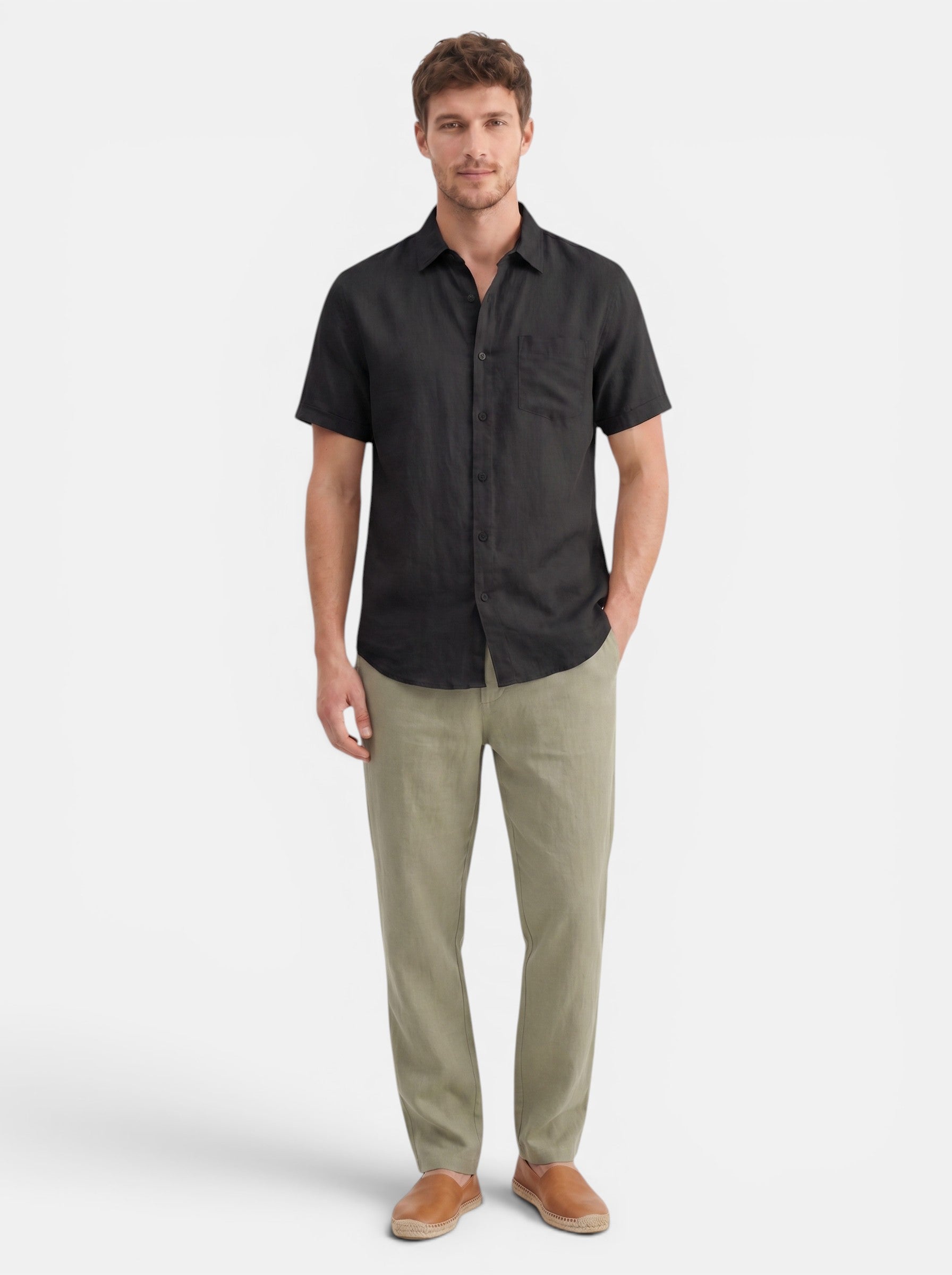 Venatte men's black short-sleeve cotton linen blend casual beach shirt with turn-down collar.