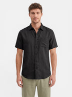 Venatte men's black short-sleeve cotton linen blend casual beach shirt with turn-down collar.