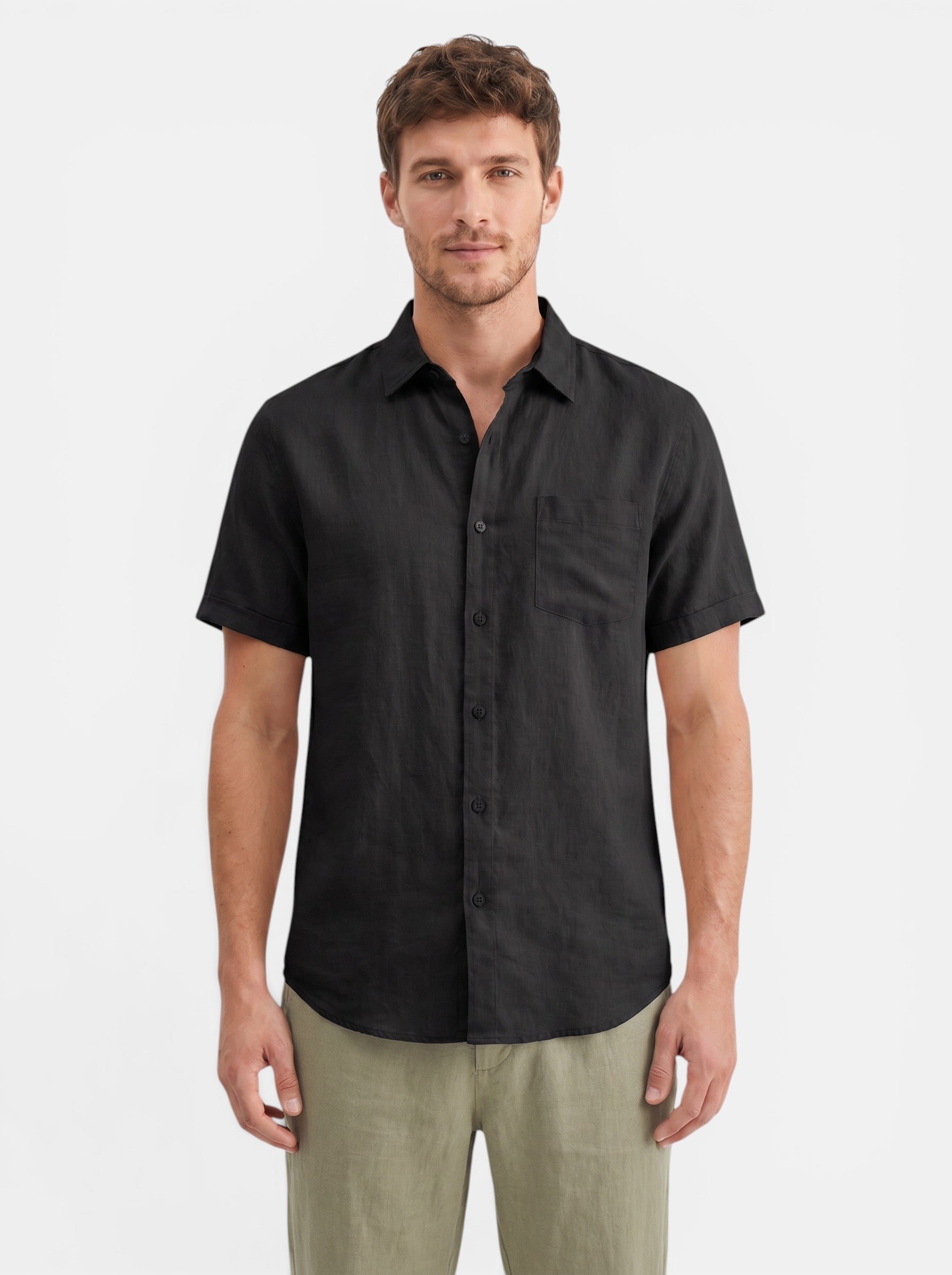 Venatte men's black short-sleeve cotton linen blend casual beach shirt with turn-down collar.