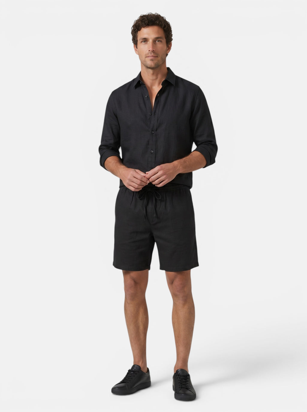 Venatte men's black linen blend shorts with elastic waistband and drawstring, relaxed fit, casual summer wear.