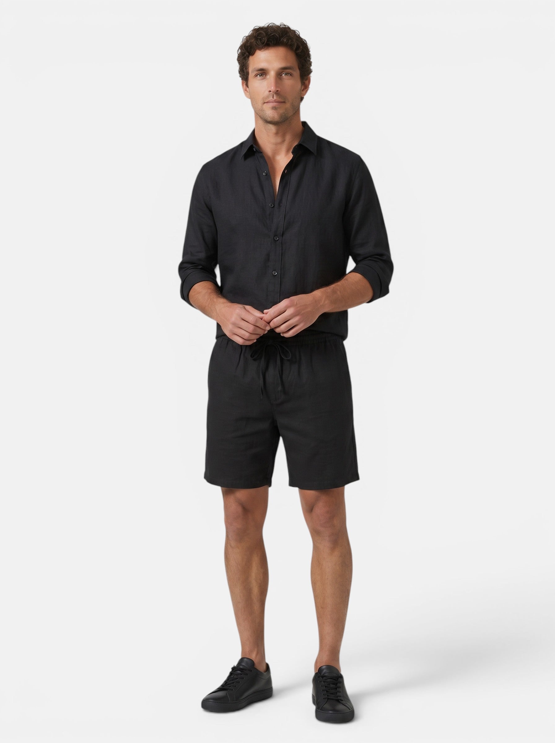 Venatte men's black linen blend shorts with elastic waistband and drawstring, relaxed fit, casual summer wear.