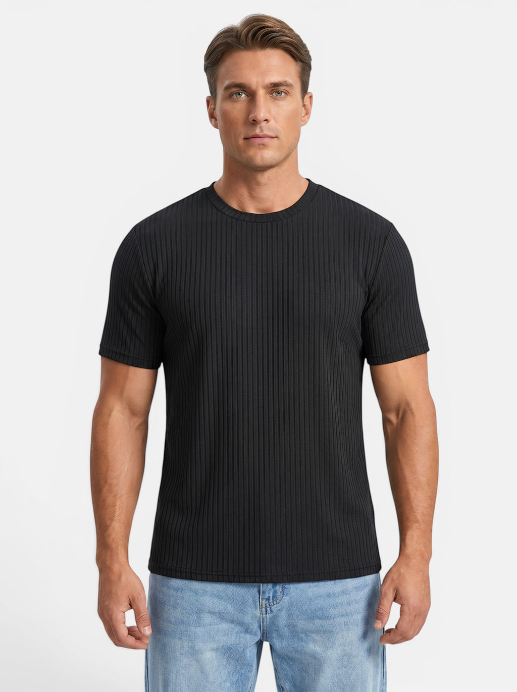 Venatte men's black slim-fit short-sleeve crew neck t-shirt in ribbed polyester knit fabric.