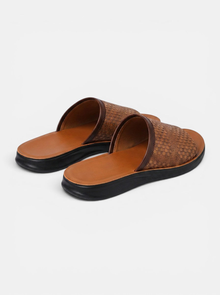 Venatte men's brown woven faux leather slip-on sandals with a cushioned sole.