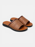 Venatte men's brown faux leather slip-on sandals with woven texture and cushioned sole.