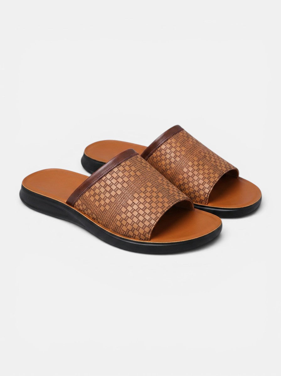 Venatte men's brown faux leather slip-on sandals with woven texture and cushioned sole.