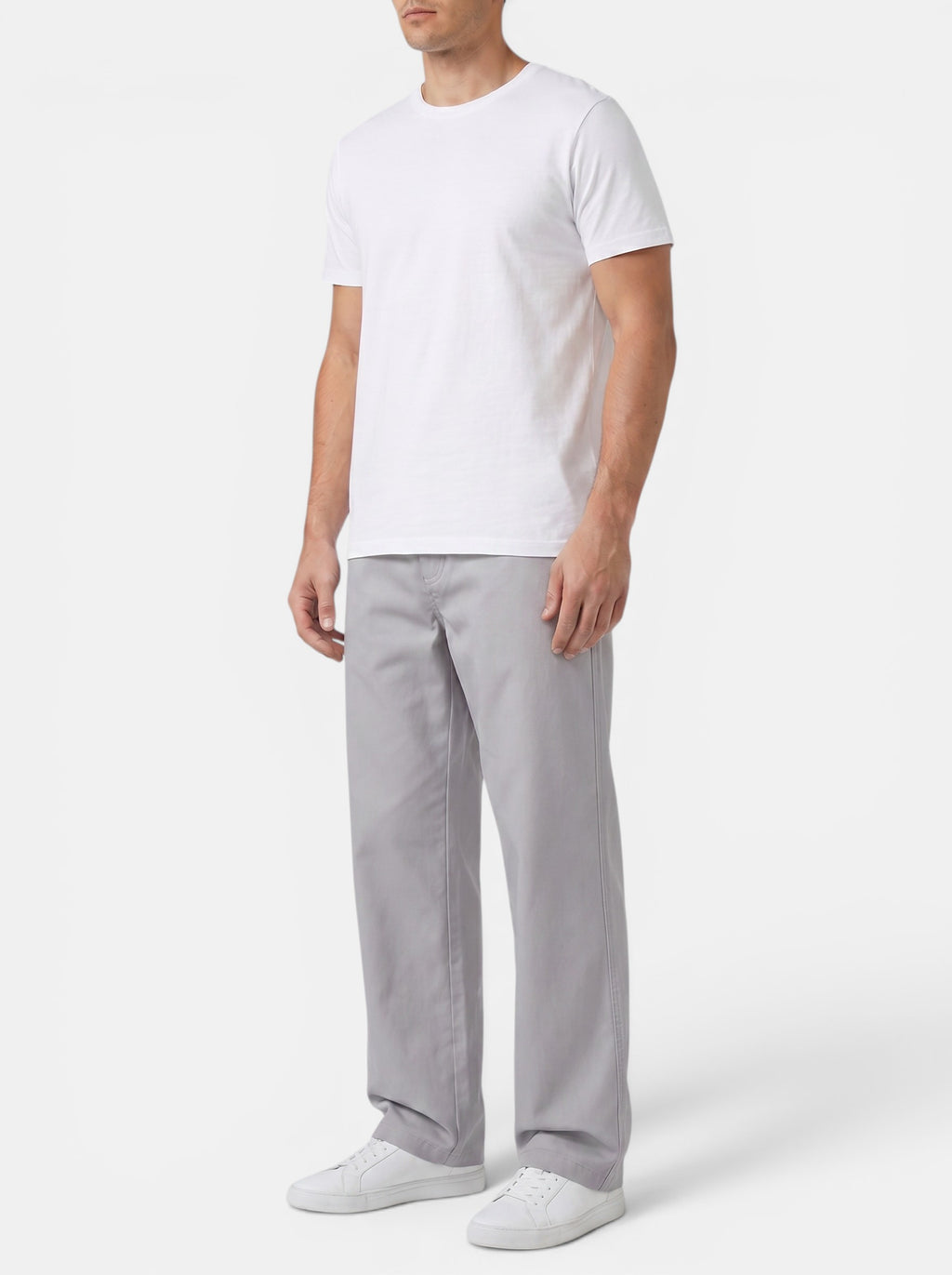 Venatte men's light grey 100% cotton casual cargo pants with elastic waistband and utility pockets. Loose fit, straight leg.
