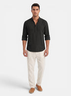 Venatte men's dark grey cotton linen long-sleeve Henley shirt with buttoned placket and rolled cuffs.