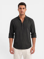 Venatte Men's dark grey cotton-linen blend long-sleeve Henley shirt with buttoned placket and rolled cuffs.