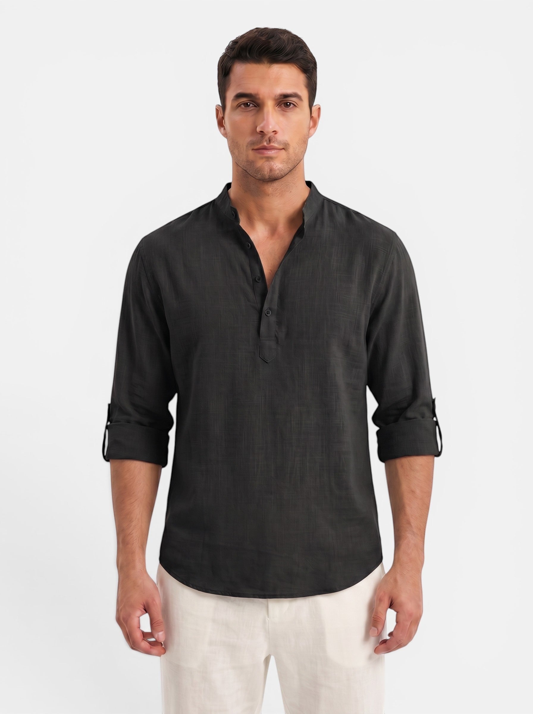 Venatte Men's dark grey cotton-linen blend long-sleeve Henley shirt with buttoned placket and rolled cuffs.