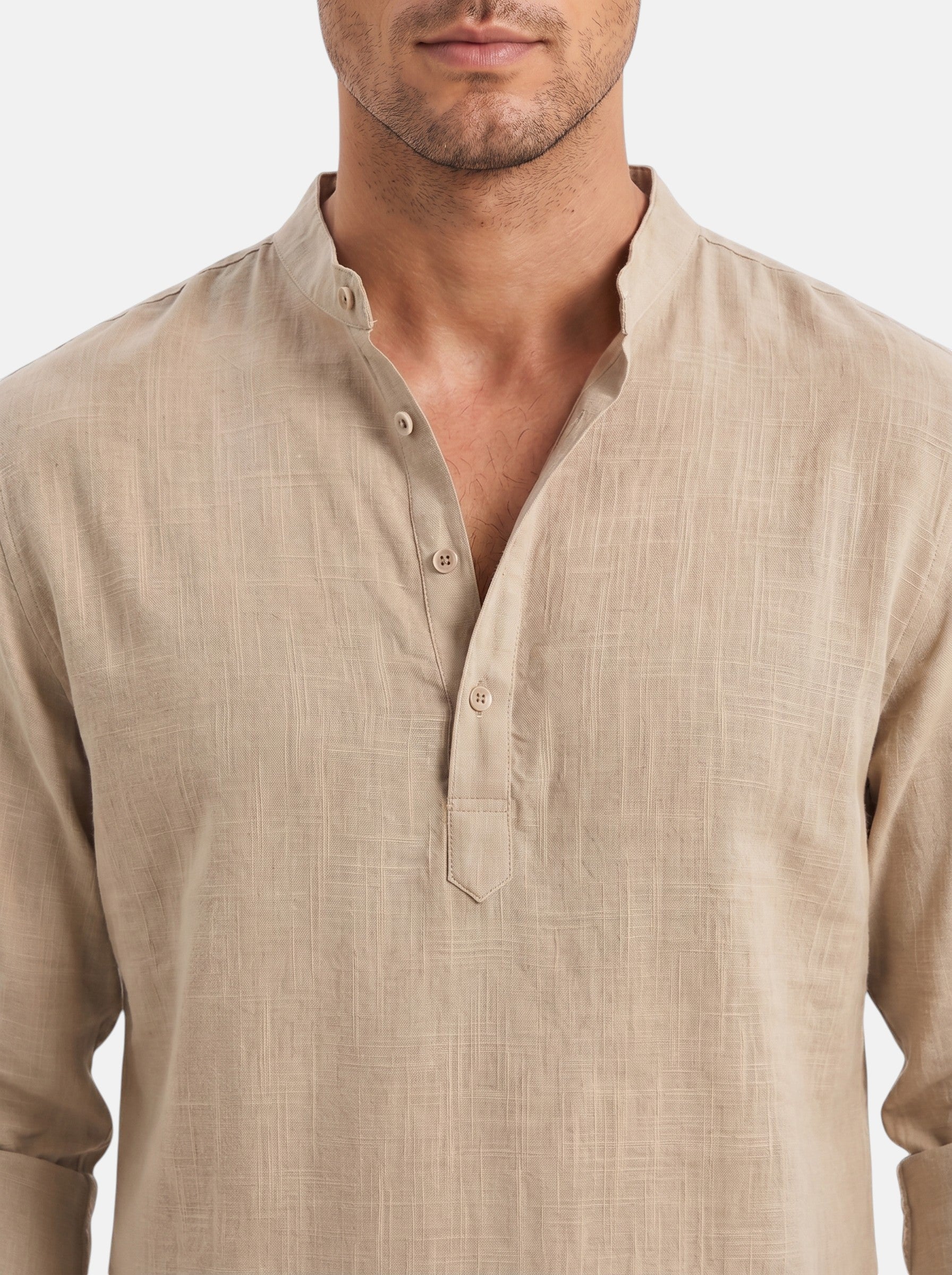 Venatte men's light brown cotton linen long-sleeve Henley shirt with buttoned placket and relaxed fit.