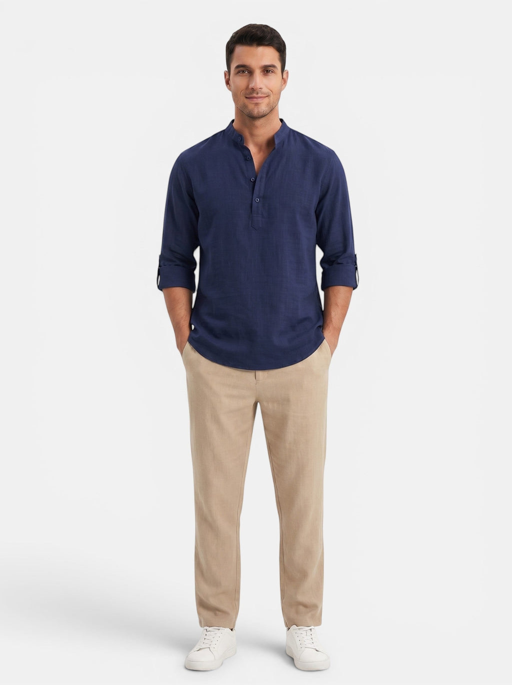 Venatte Men's navy blue cotton linen long-sleeve Henley shirt with buttoned placket and rolled sleeves.
