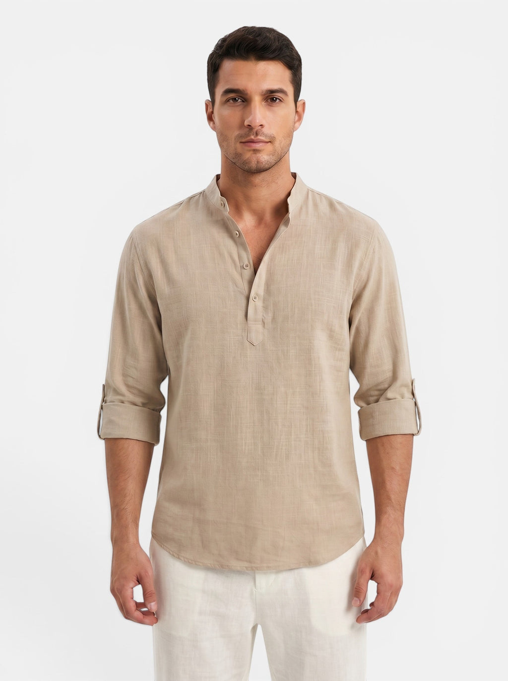 Venatte men's tan cotton-linen long-sleeve Henley shirt with buttoned placket and rolled cuffs.